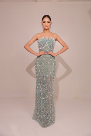 Sage Green Pearl-Rhinestone Tulle Gown