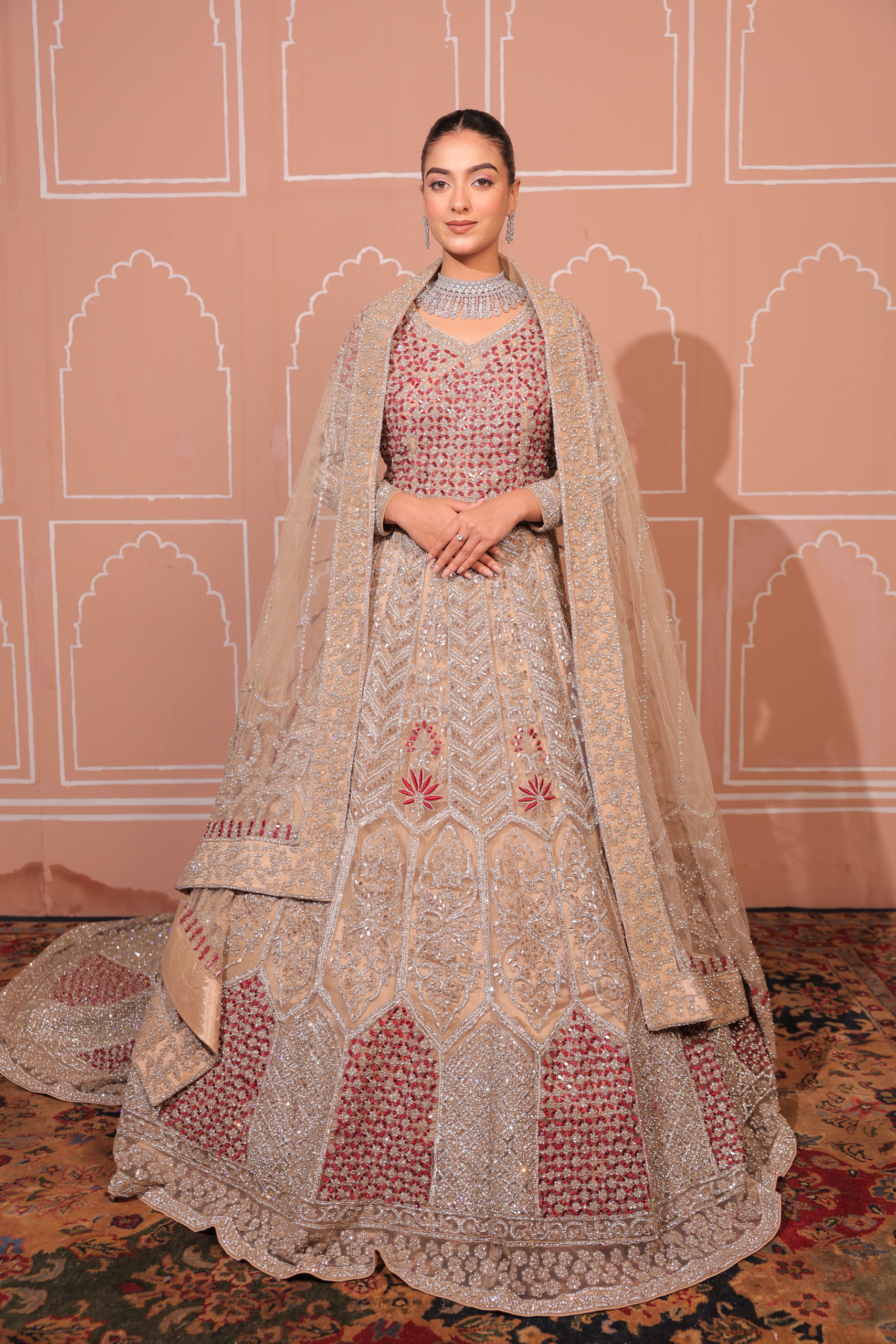 Beige Sequin & Rhinestone Tulle Lehenga Set