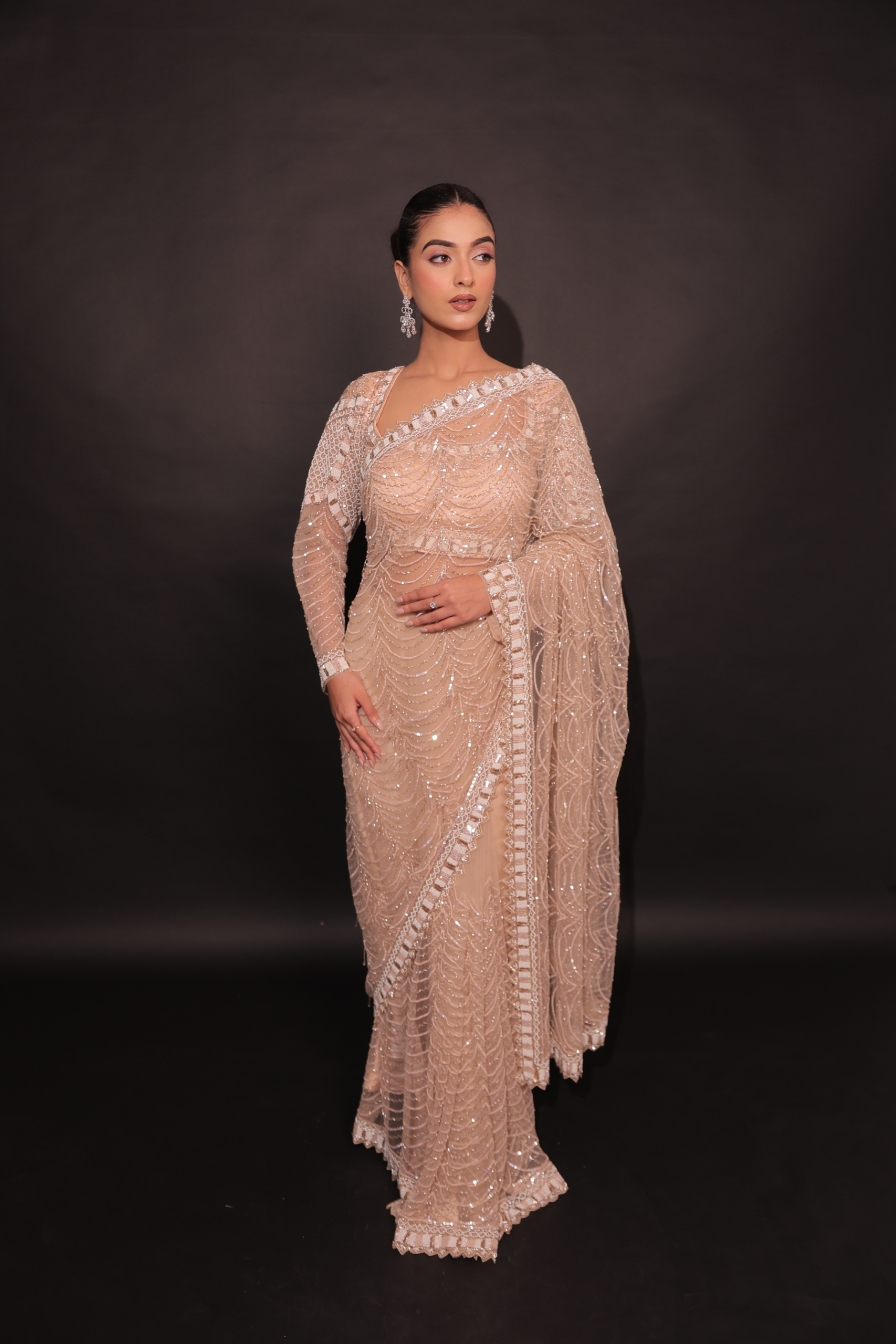 Light Gold Sequin & Rhinestone Tulle Saree