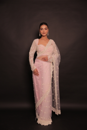 Powder Pink Tulle Saree with Pearl Detailing